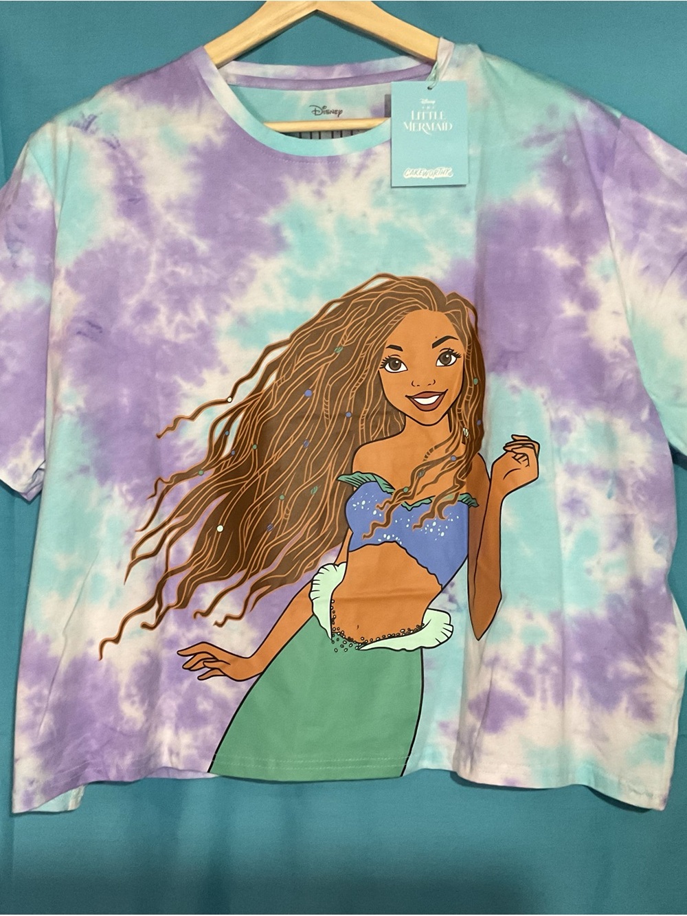 NWT CakeworthyxDisney Little Mermaid Tie-Dye crop Tee in Aqua & Purple 4x